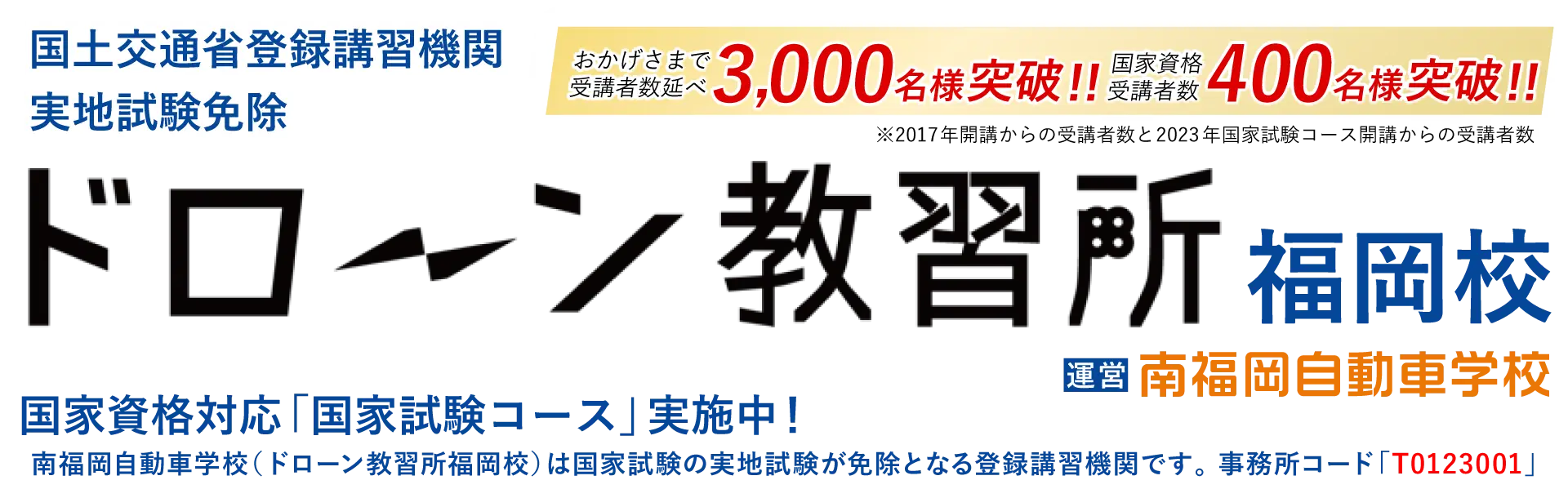 国土交通省登録講習機関 実地試験免除 ドローン教習所福岡校 南福岡自動車学校（ドローン教習所福岡校）は国家試験の実地試験が免除となる登録講習機関です。事務所コード「T0123001」